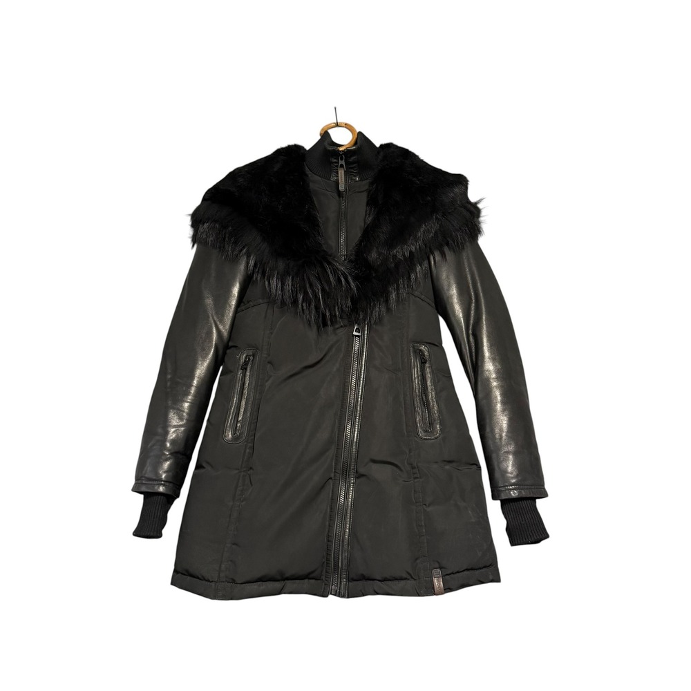 Rudsak | Down Parka Black Leather Sleeves Fur Trim Hooded Jacket Size M